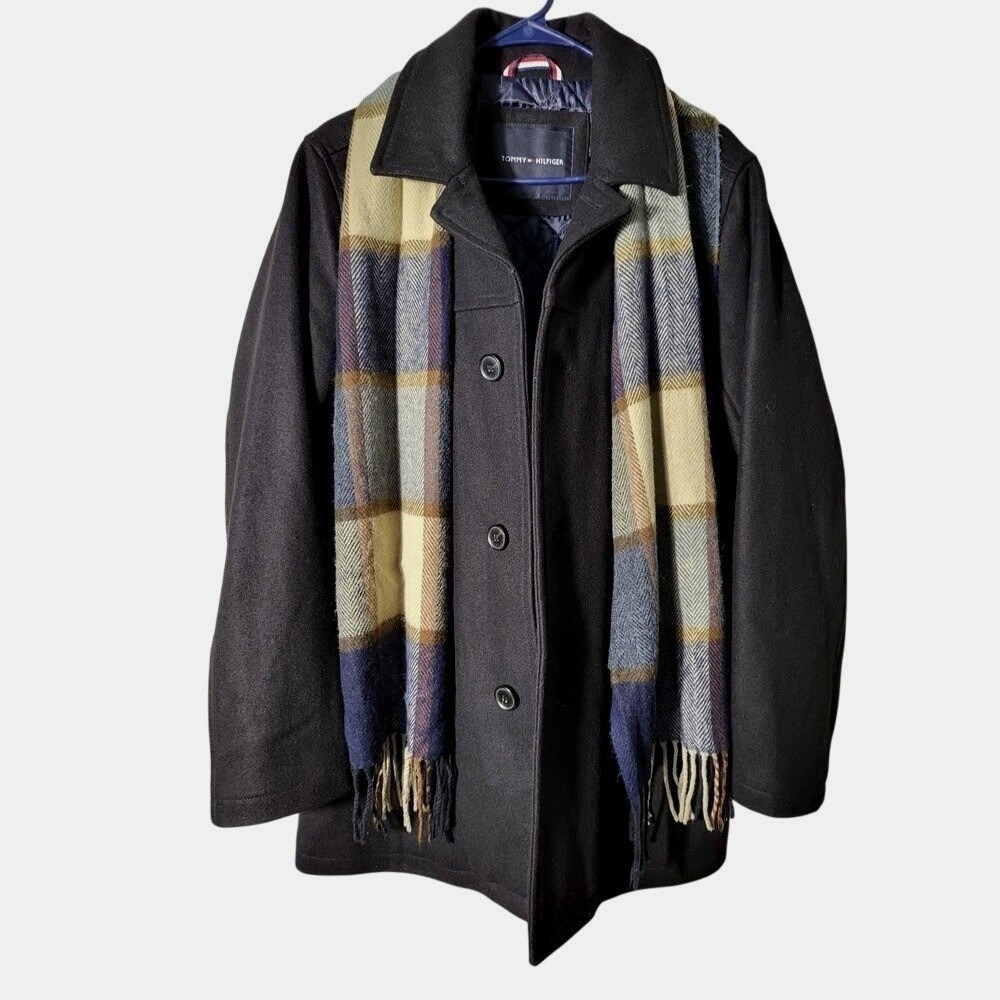 Tommy Hilfiger Mens Navy Blue Wool Blend Walker Coat with Plaid Scarf Size S - Picture 4 of 9